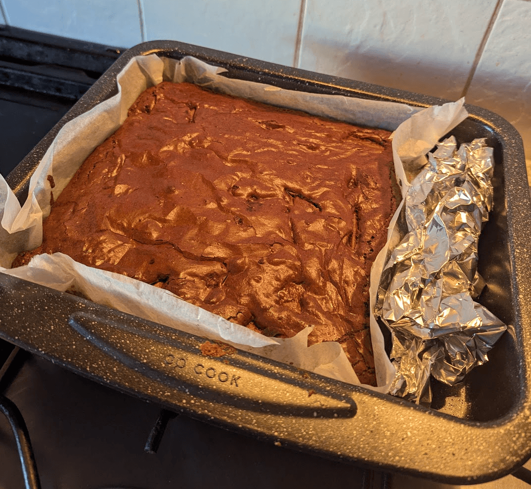 photograph of freshly baked brownies in a square tin